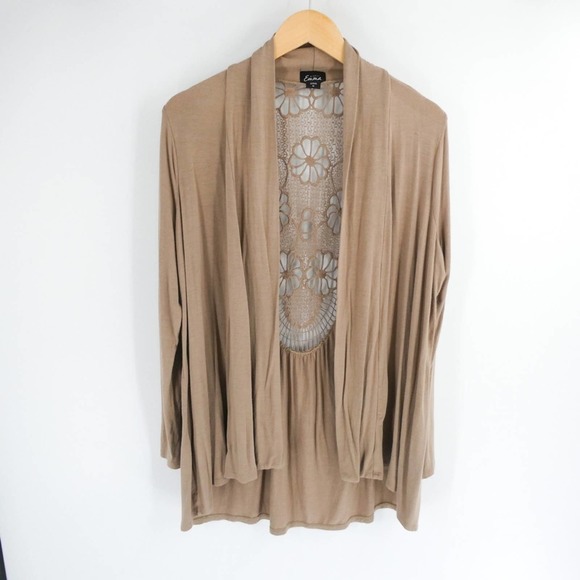 Simply Emma Sweaters - Simply Emma | Women’s Crochet Floral Back Cardigan, Tan, 1X